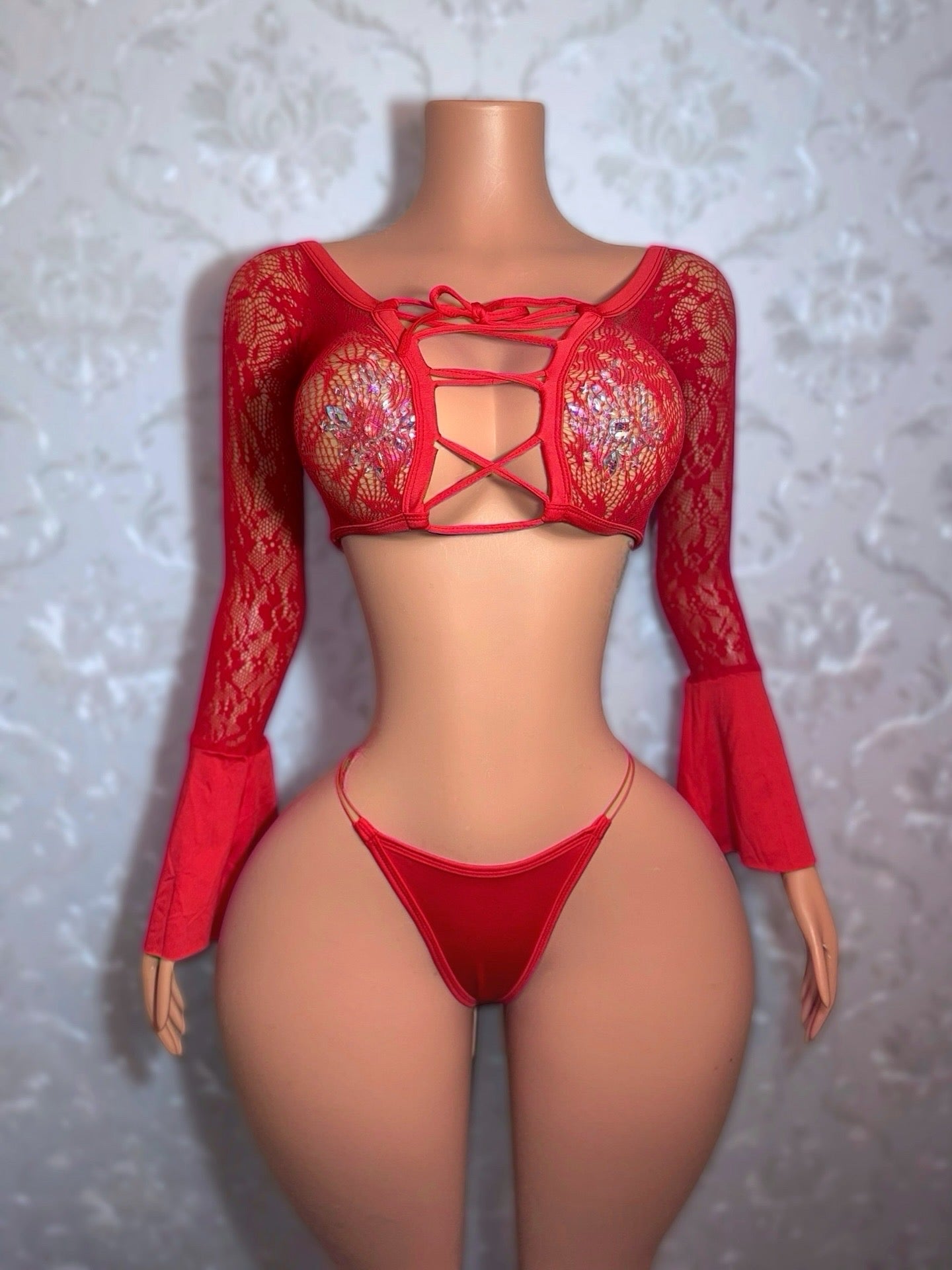 Bella Don — Lace Fishnet 2 Piece Bell Sleeve Set Fits XS-L