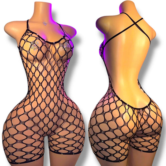 Apple Bottom — Full Coverage Rhinestones Fishnet Romper Fits XS-M