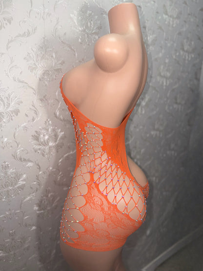 Orange Soda Lace Detail Cutout Fishnet Romper In Orange Fits XS-Lr