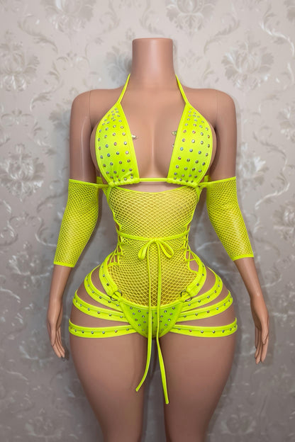 Georgia Peach + Teyana Fishnet Dress 3 Piece Set Fits S-L