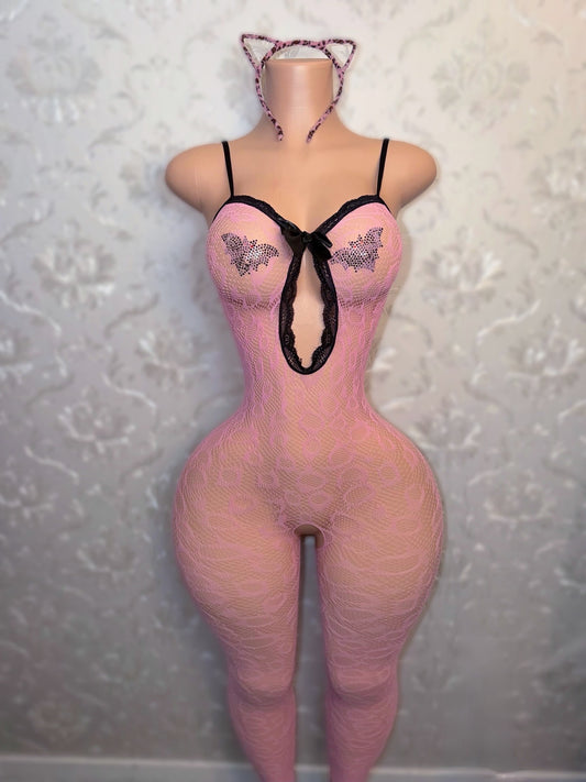 Kitty Purr Baby Pink Bodystocking Fits XS-M Includes Free Headband