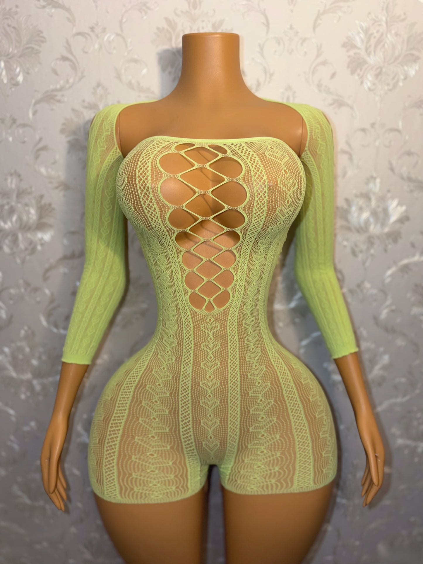 Chrome Hearts Neon Green Fishnet Romper Set Fits XS-L