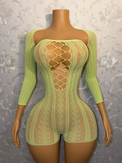 Chrome Hearts Neon Green Fishnet Romper Set Fits XS-L