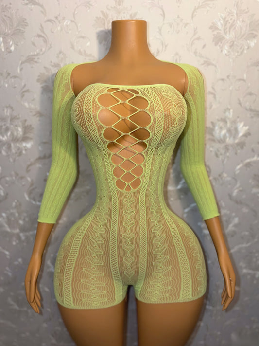Chrome Hearts Neon Green Fishnet Romper Set Fits XS-L
