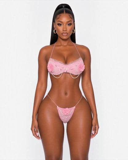 Paris Velour Ruffle Lace Trim Bandeau Bikini Set