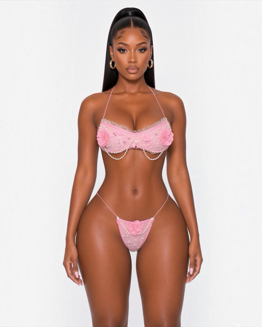 Paris Velour Ruffle Lace Chiffon Rosettes Bandeau Bikini Set