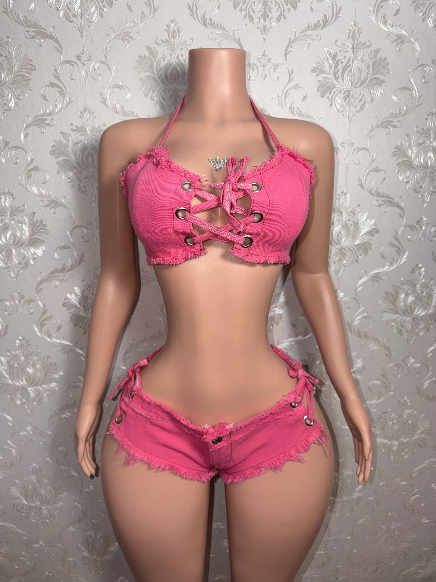 Amirah- 2 Piece Distressed Ultra Mini Denim Shorts Set