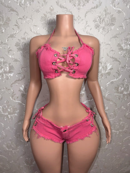 Amirah- 2 Piece Distressed Ultra Mini Denim Shorts Set