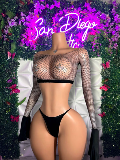 Bella Bell Sleeve Crop Fishnet 2 Piece Set Fits XS-L