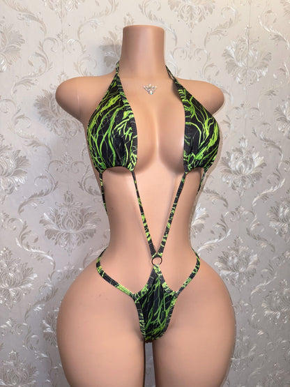 Jade — Fishnet + Green & Black One Piece 3 Piece Set Fits XS-M