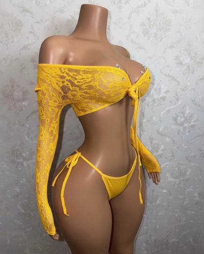 Venus Fishnet Criss Crossed Long Sleeve Top and Thong Fits XS-L