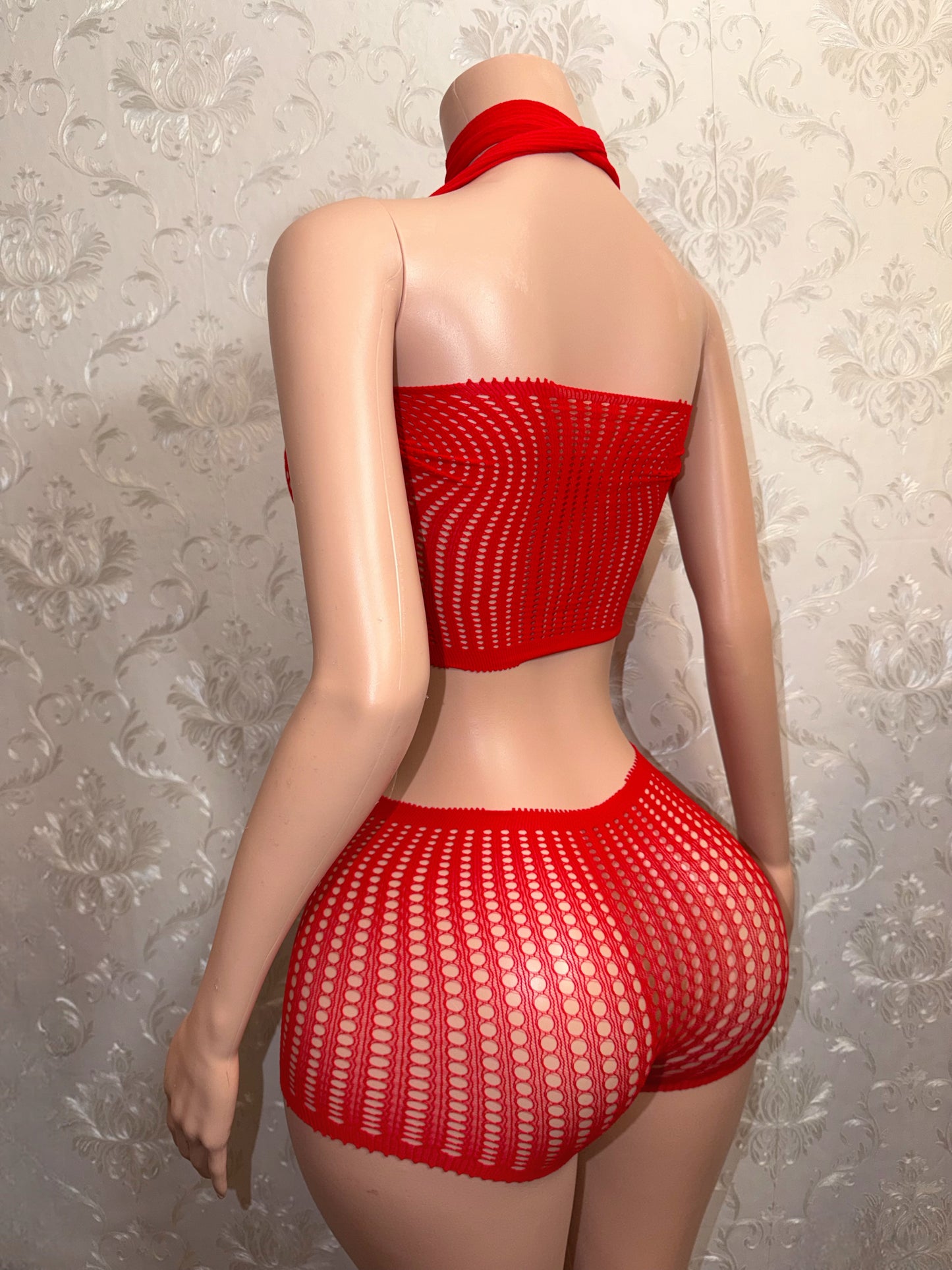 Caleesi Fishnet Long Sleeve Shorts Set Pre-tied Bantu Knot Fits XS-L