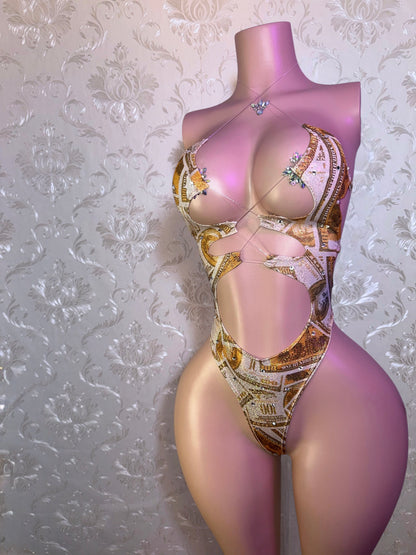CREAM Metallic Gold Money Print One Piece With Stones