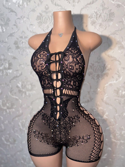 Video Vixen — Lace Fishnet Romper With Rhinestones Fits XS-L