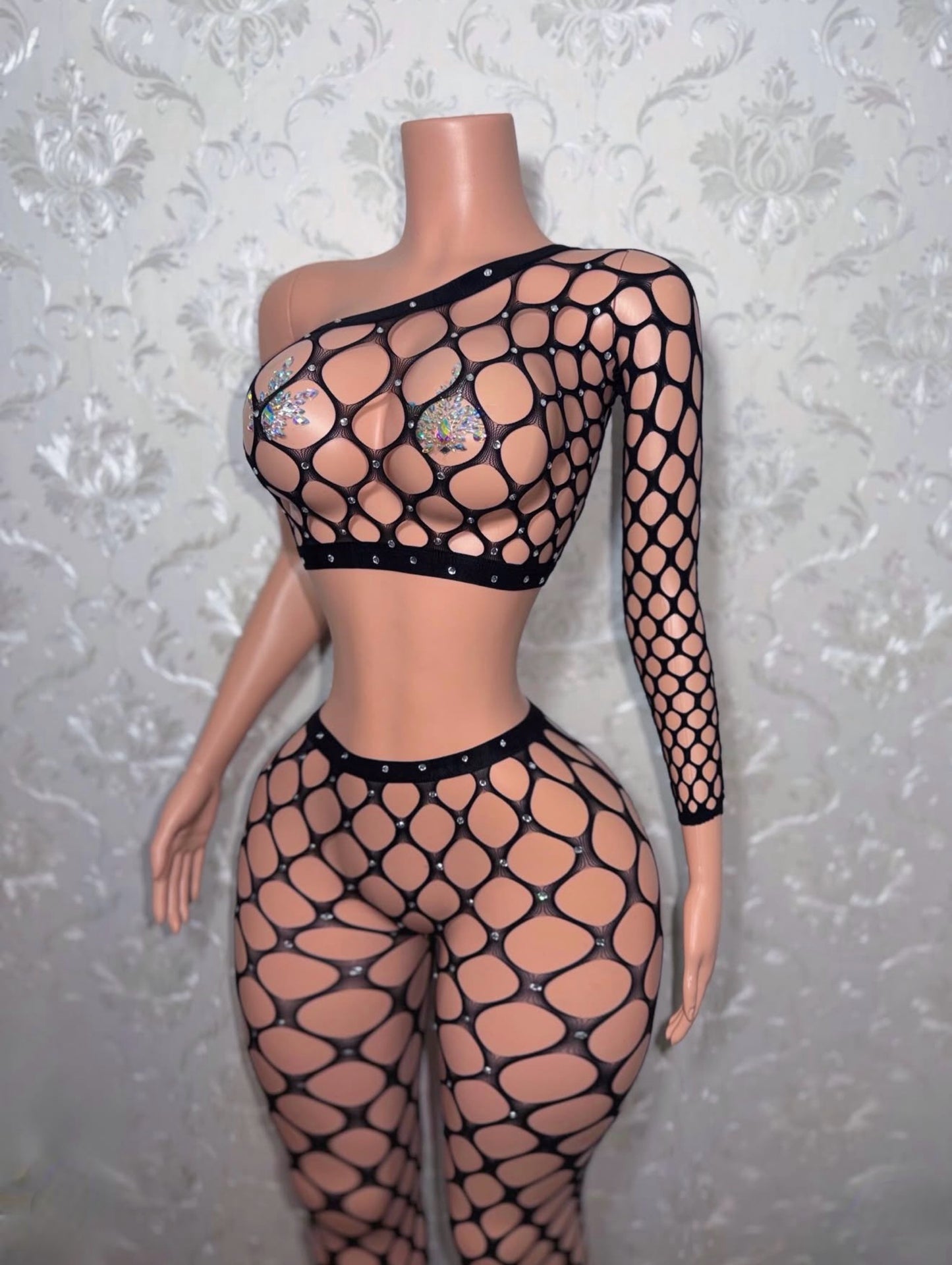 Stella Off Shoulder Fishnet Footed Legging Set Fits XS-M