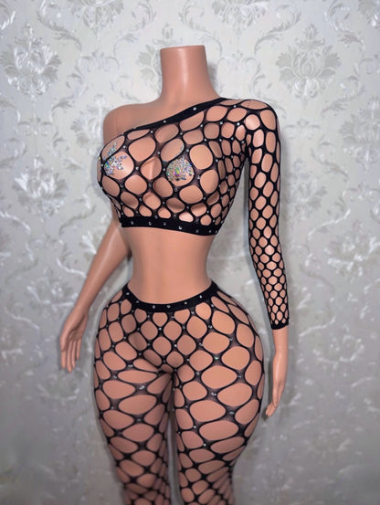 Stella Off Shoulder Fishnet Footed Legging Set Fits XS-M