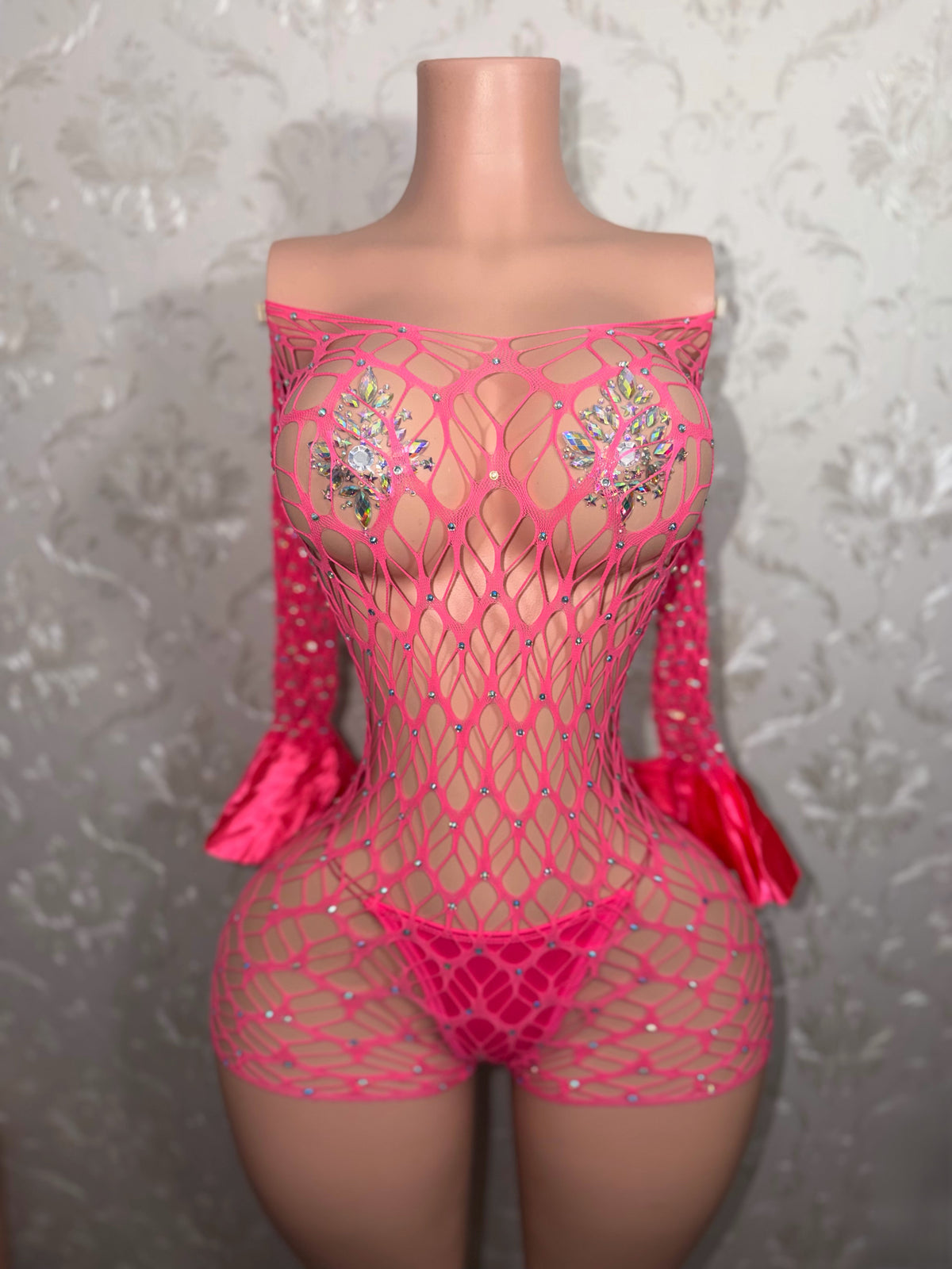 Kayla Off Shoulder Rhinestone Fishnet Romper Fits XS-M