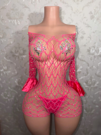 Kayla Off Shoulder Rhinestone Fishnet Romper Fits XS-M