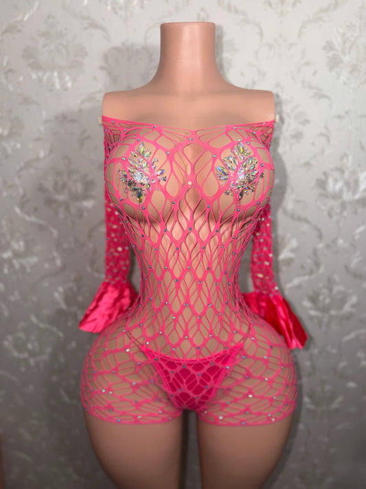 Kayla Off Shoulder Rhinestone Fishnet Romper Fits XS-M