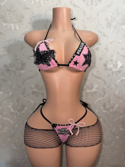 Bad To The Bone Alt Core Y2K Patchwork Bikini + Fishnet 4 Piece Set Fits S