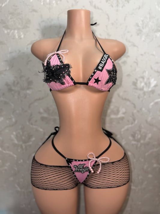 Bad To The Bone Alt Core Y2K Patchwork Bikini + Fishnet 4 Piece Cutoff Shorts Set