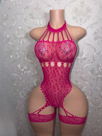 Sheila Cutout Cheetah Chaps Fishnet Romper Optional Rhinestones Fits XS-L