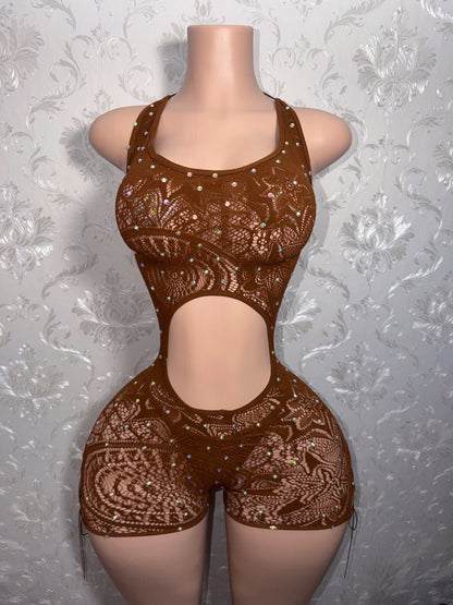 Mocha Brown Lace Fishnet Romper Set with Thong Fits Curvy M-XXL