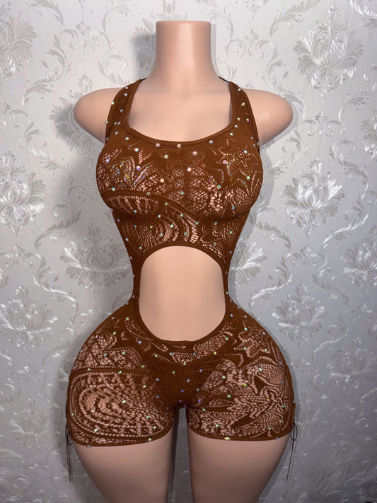 Mocha Brown Lace Fishnet Romper Set with Thong Fits Curvy M-XXL