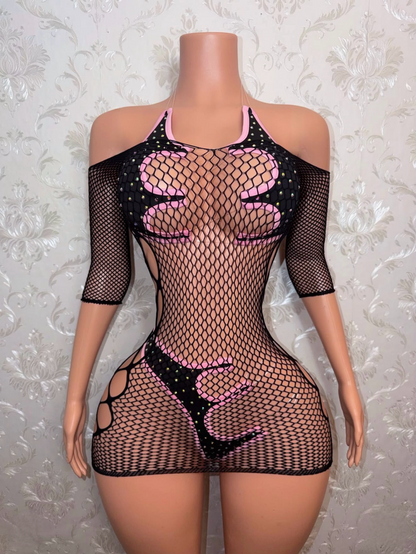 Mamacita Asymmetrical Rhinestone 3 Piece with Fishnet Dress
