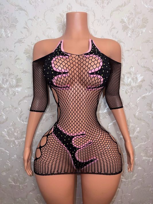 Mamacita Asymmetrical Rhinestone 3 Piece with Fishnet Dress