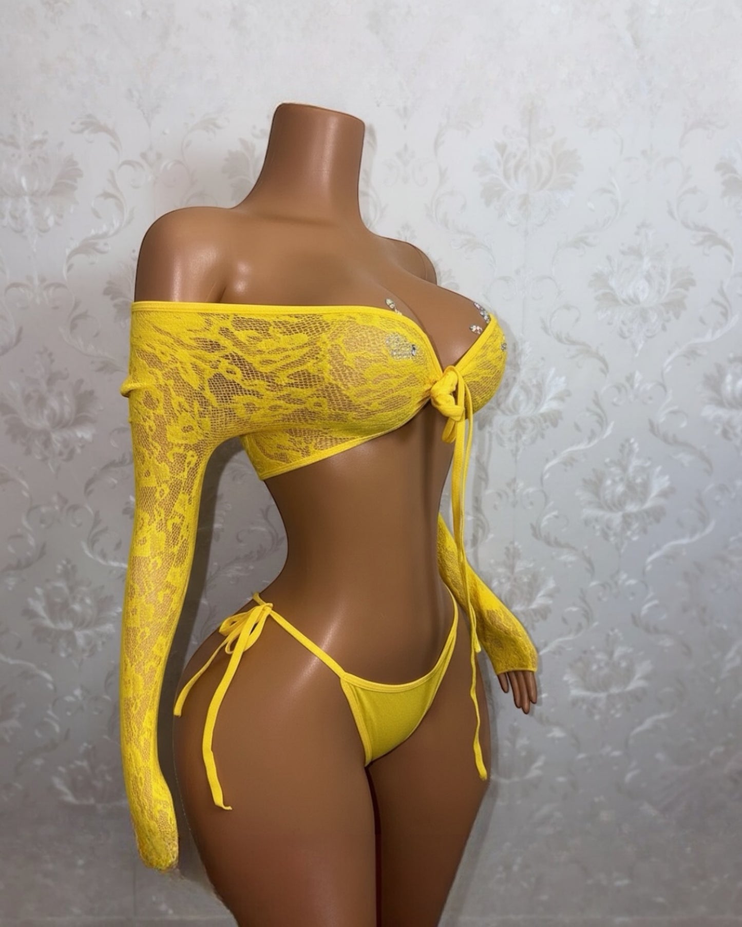 Venus Fishnet Criss Crossed Long Sleeve Top and Thong Fits XS-L