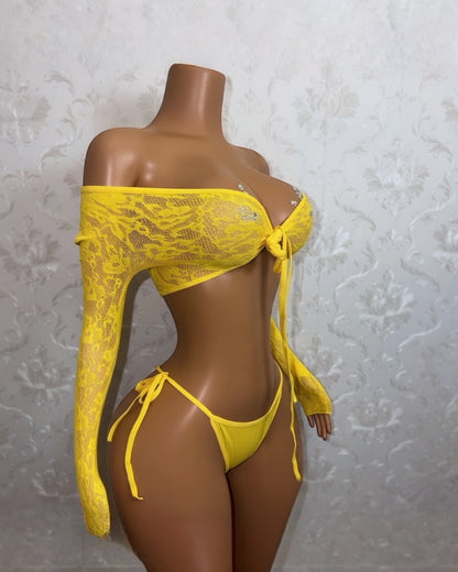 Venus Fishnet Criss Crossed Long Sleeve Top and Thong Fits XS-L