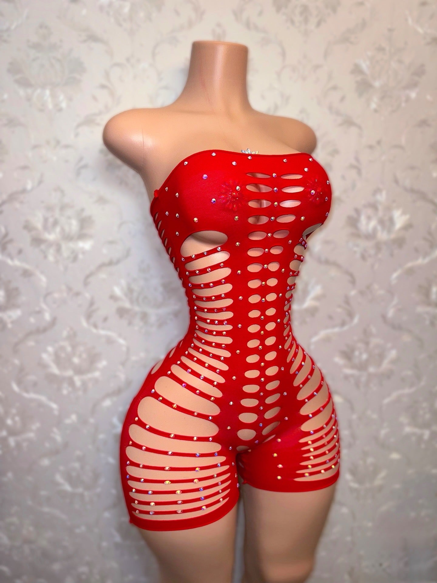 Monique Fishnet Slits Romper Fits XS-L