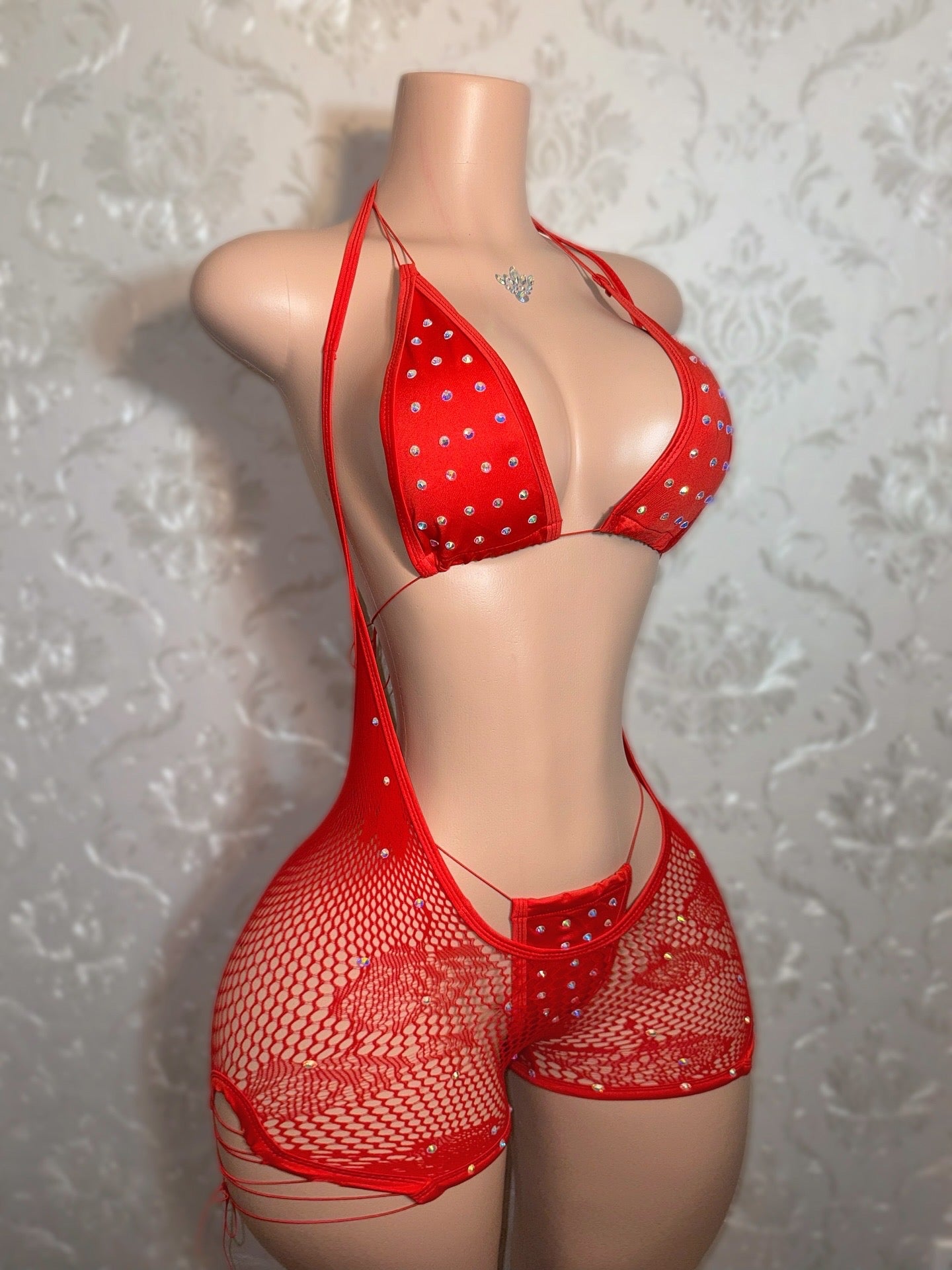 Plain Jane Fishnet 3 Piece Overall Set Now With Larger Stones Bikini Fits XS-L