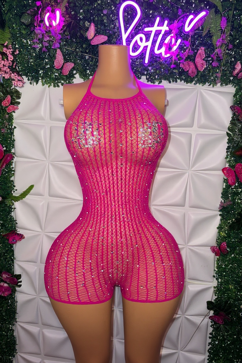 Serena Halter Fishnet Romper with Rhinestones Fits XS-XL