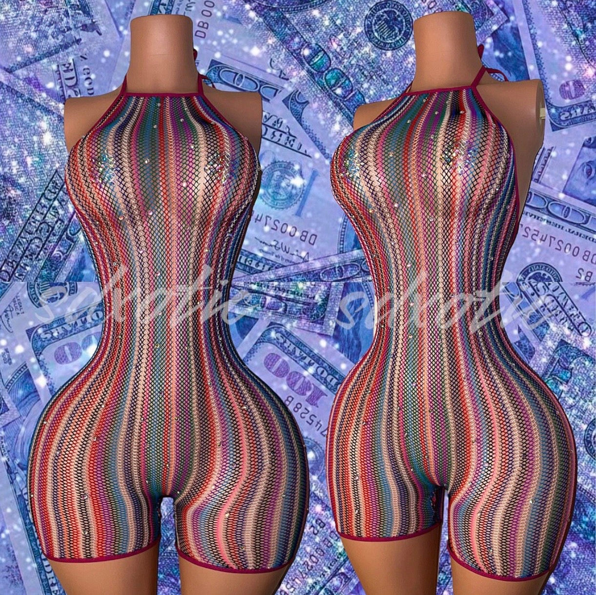 Onika Multicolor Fishnet Romper Fits XS-M