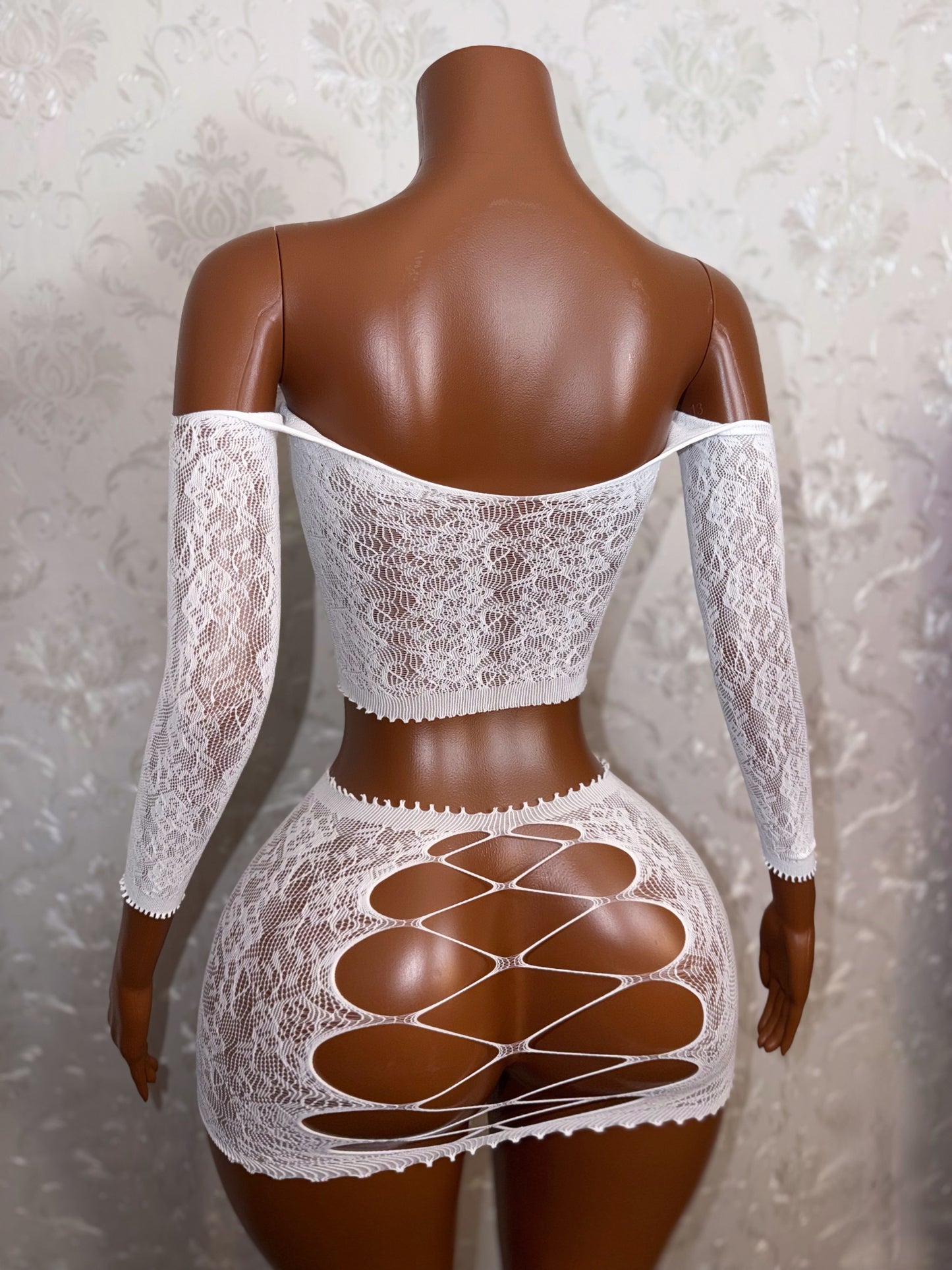 Harmonie Off Shoulder Fishnet Lace Skirt Set Fits XS-L