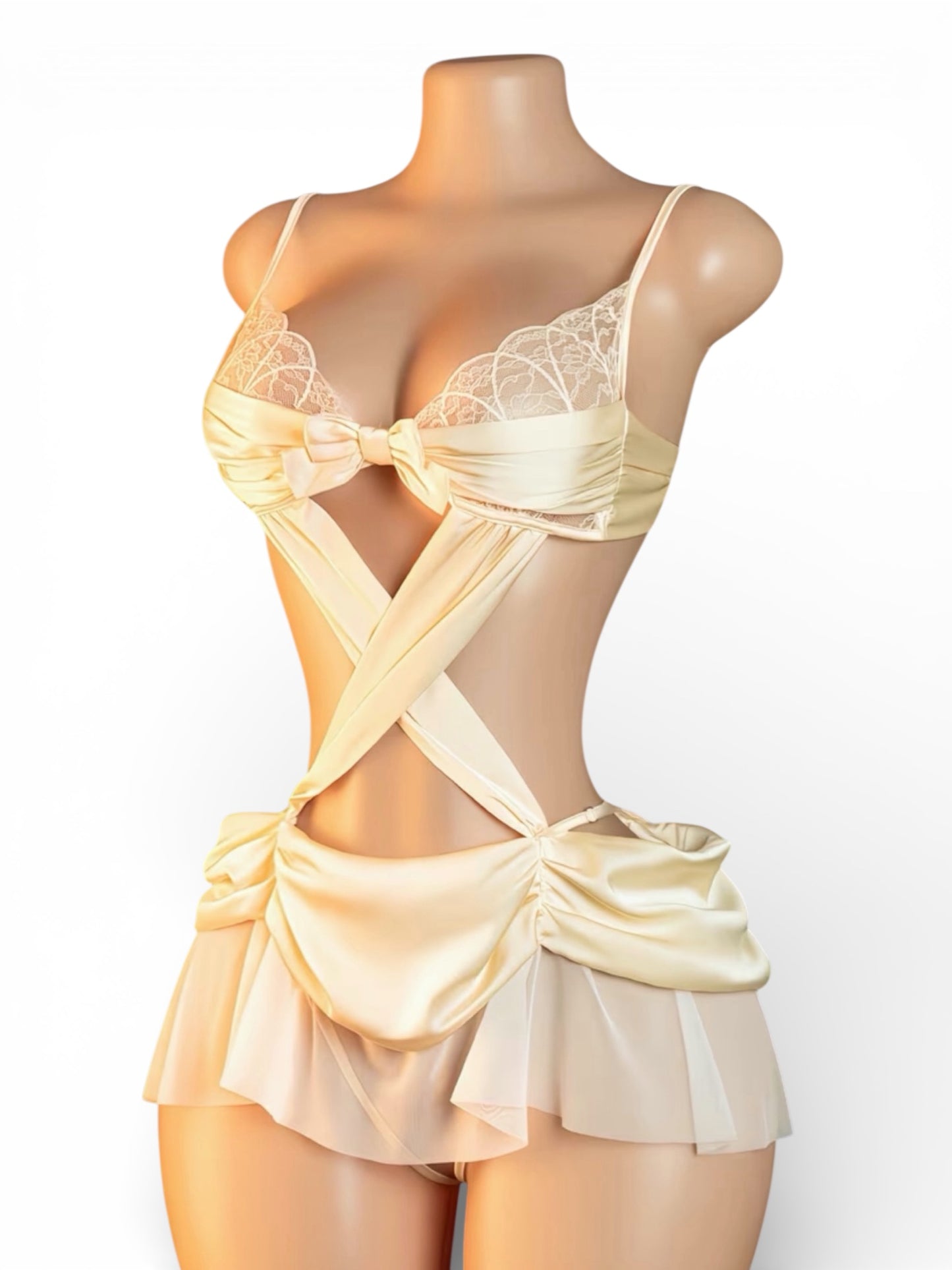 Leia Champagne Cascading Ruched Crotchless Bodysuit Fits XS-L