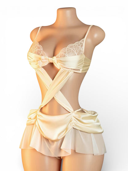 Leia Champagne Cascading Ruched Crotchless Bodysuit Fits XS-L