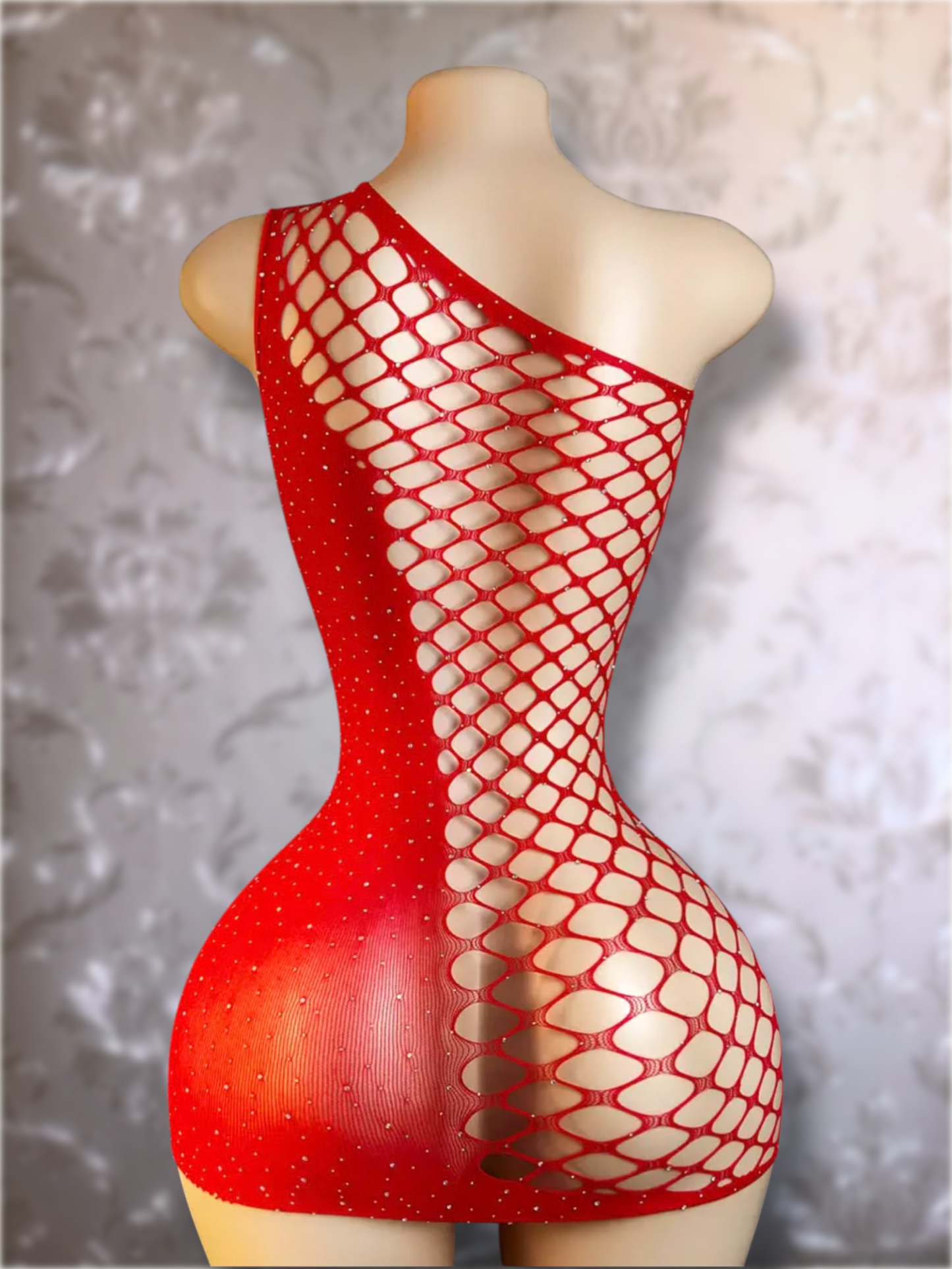 Holiday Bedazzled Dress Asymmetrical Fishnet Fits XS-L