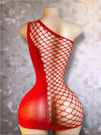 Holiday Bedazzled Dress Asymmetrical Fishnet Fits XS-L