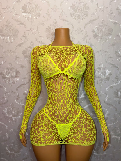 Electra 3 Piece Fishnet Dress and Bikini Set Fits XS-L
