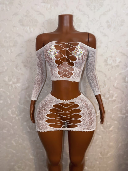 Harmonie Off Shoulder Fishnet Lace Skirt Set Fits XS-L