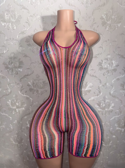 Onika Multicolor Rhinestone Halter Fishnet Romper Fits XS-XL