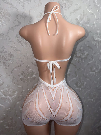 White Lotus PLT Halter Fishnet Romper Fits XS-M