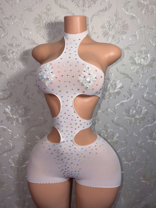 Iced Out Sheer Mesh Romper Optional Extra Stones Fits S-L