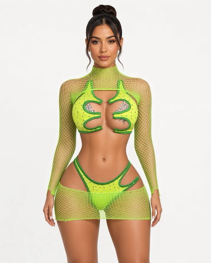 Sour Apple Mamacita Rhinestone 4 Piece Bikini & Fishnet Set