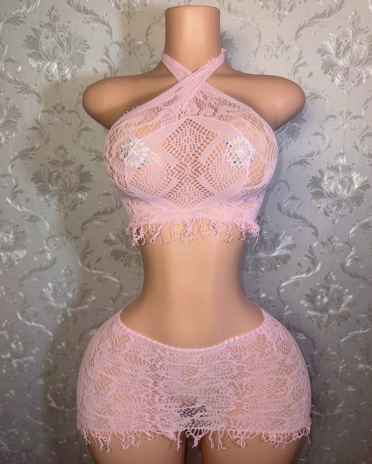 Amber Fringe Fishnet Skirt Set Fits XS-L