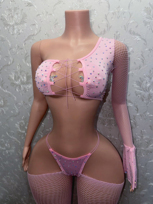 Alize Asymmetrical Bell Sleeve Cutoff Fishnet 3 Piece Set