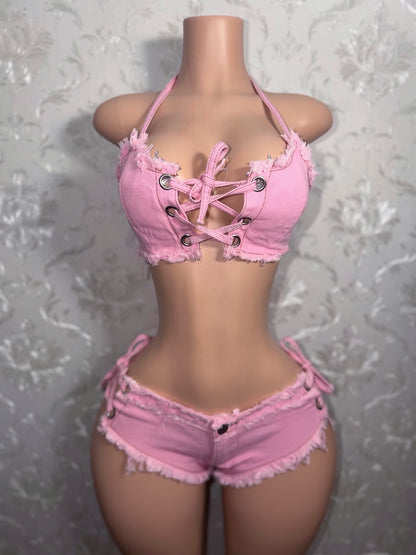 Amirah- 2 Piece Distressed Ultra Mini Denim Shorts Set